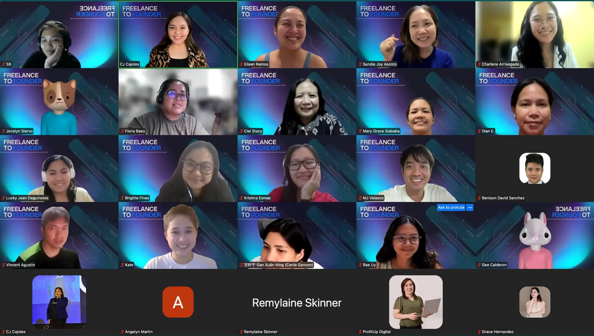 Coach CJ hosting a live Freelance to Founder Zoom class with dozens of students