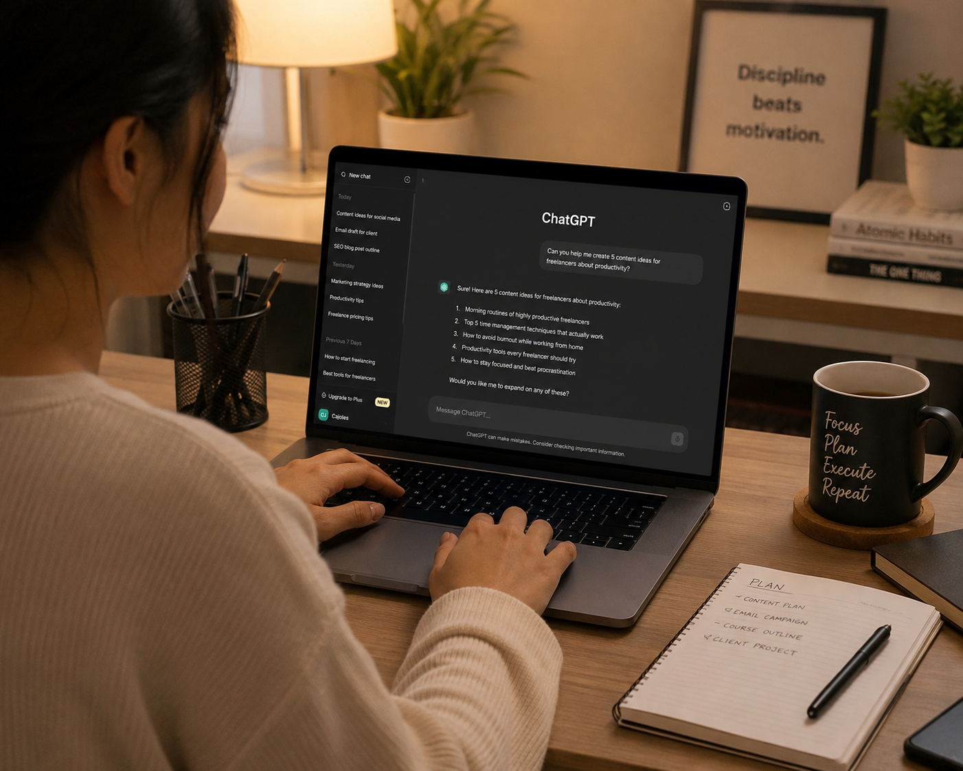 Filipina freelancer using ChatGPT on a laptop at a home desk