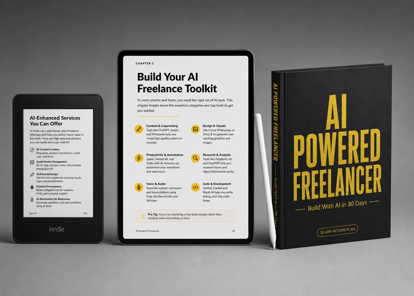 The AI Powered Freelancer ebook shown across an iMac, iPad, and Android phone